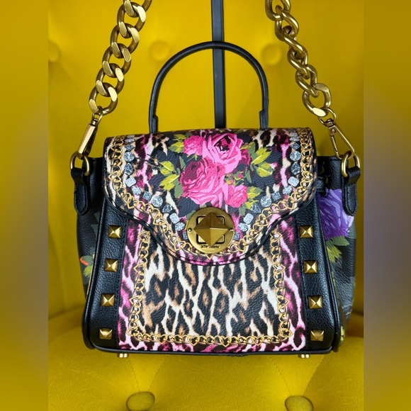 Betsey Johnson Leopard Floral Top Handle Satchel Crossbody, Black Multi - Picture 3 of 16